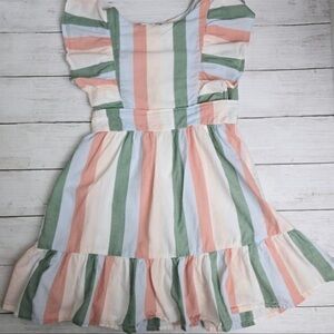 Janie and Jack Pastel Striped Ruffle Dress in Green, Peach & Cream